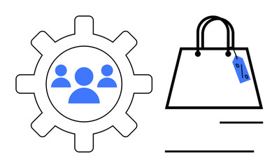 Gear with group icon and shopping bag with a price tag. Ideal for teamwork, collaboration, e-commerce, marketing, sales, productivity, consumer behavior retail trends. Abstract line flat metaphor