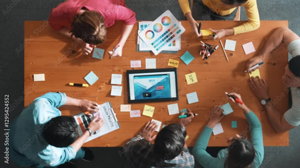 Poster time lapse of smart business people working together to design web design. aerial view of designer b
