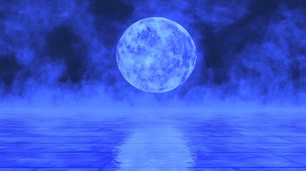 Blue Full Moon Over a Calm Ocean at Night