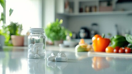 Obesity drug taken by a person in a bright kitchen. Featuring commitment and health focus