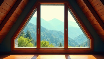 A beautiful view of mountains and trees through an attic window.