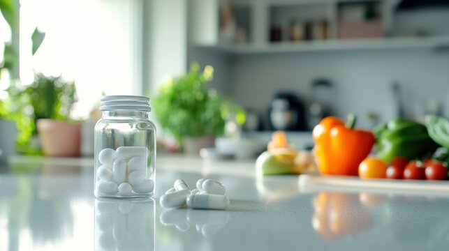 Obesity drug taken by a person in a bright kitchen. Featuring commitment and health focus