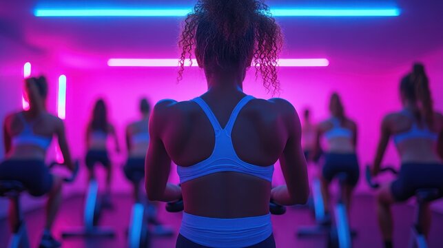 Woman leads spin class in neon-lit gym