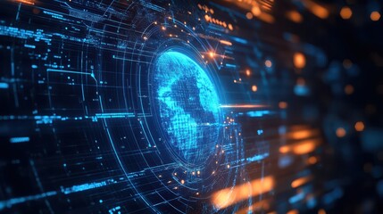 Obraz premium AIpowered security system scanning a global network, futuristic cybersecurity visualization