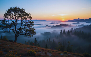 Fototapeta premium Breathtaking Mountain View at Sunrise with Misty Horizon | Majestic Sunrise Over Foggy Forest: Peaceful Nature Landscape | iconic landscape shot with stunning layers of mist, vibrant colors of nature