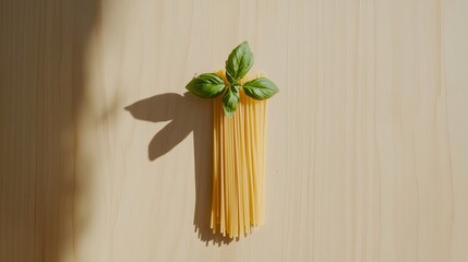A clean package of spaghetti styled with a sprig of fresh basil on a light wooden table. pic