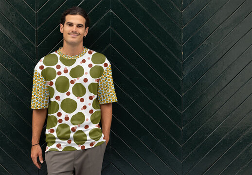 Simple Total Print T-Shirt Design Displayed by Man Outdoors. Option to insert a different design on the neck, sleeves and chest and to change the color of the shirt