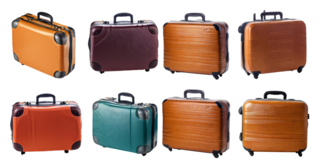 Various Stylish Luggage Designs in Different Colors and Textures, isolated on transparent background