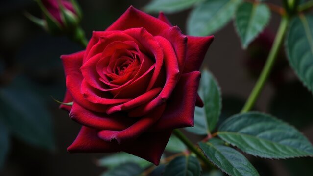 A close-up of a vibrant baccara black rose in full bloom, showcasing its deep red petals and lush green leaves.