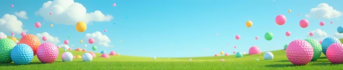 Fototapeta premium Pastel blue sky, array of floating golf balls Various colors, playful composition , macro, floating, illustration