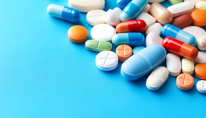 A collection of colorful pills scattered on a bright blue surface