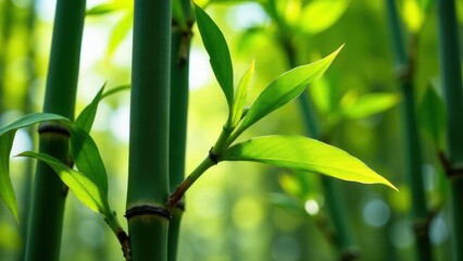 Fototapeta premium Close-up of vibrant green bamboo leaves with stems in a lush, natural setting.