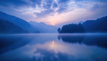 Fototapeta premium A serene lake at dawn with the sun rising over misty mountains, casting soft light on the calm waters and surrounding nature. The sky is painted in hues of blue and purple as clouds