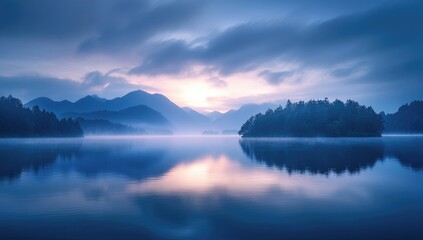 Fototapeta premium A serene lake at dawn with the sun rising over misty mountains, casting soft light on the calm waters and surrounding nature. The sky is painted in hues of blue and purple as clouds