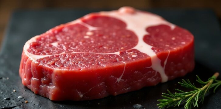 Raw buffalo meat, rich red color, marbling visible , texture, culinary, chop