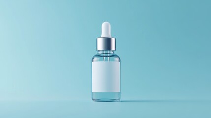Clear serum bottle on blue background