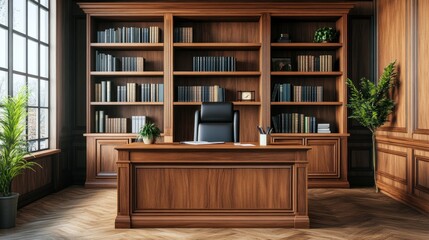 Fototapeta premium Elegant home office features wooden bookshelves desk and leather chair