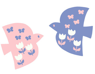 ピンクと青2羽の飛ぶ鳥メルヘン花模様