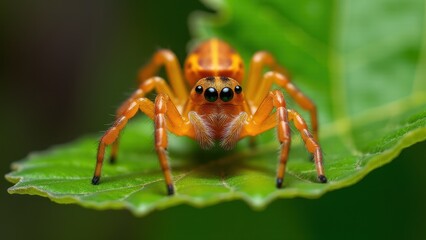 Fototapeta premium A barn funnel weaver spider with vibrant orange and black markings is perched on a green leaf.