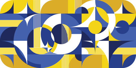 Graphic composition with simple overlaps geometric shapes pattern, circles and stars, abstract banner. Print a sample. Vector blue yellow bright colors background © Юрий Парменов