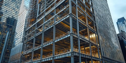 Fototapeta premium The skeleton of a new skyscraper with exposed beams and columns waiting to be completed.