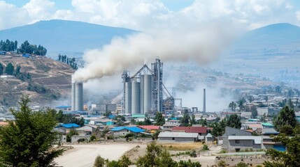 Industrial factory with smoke billowing over a residential area