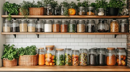 Organized pantry jars on wooden shelves in a kitchen