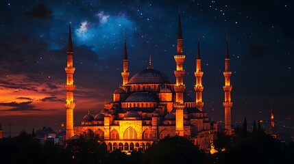 Sultan Ahmed Mosque at Night: A Majestic Istanbul Landmark under the Starry Sky