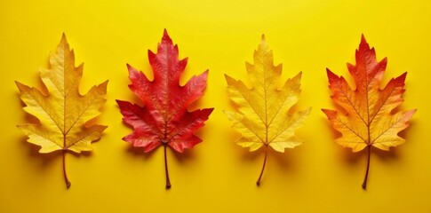 Fototapeta premium Four vibrant oak leaves, sunny yellow backdrop, vibrant, design, closeup