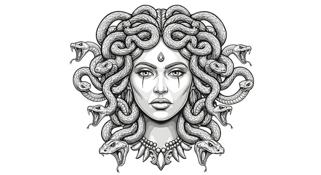 Medusa Portrait with Snake Hair Illustration in Black and White
