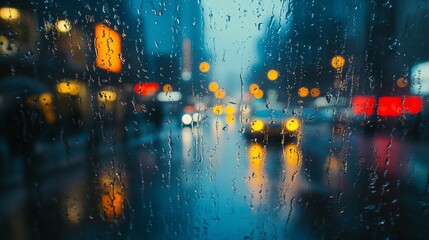 Raindrops on window glass with blurred city lights background