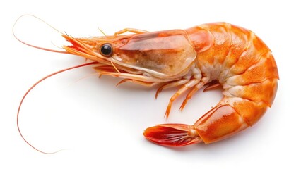 High-resolution aerial shot of a single shrimp, isolated on a white background.  Perfect seafood image.