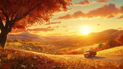 Car drives on a road during beautiful golden sunset