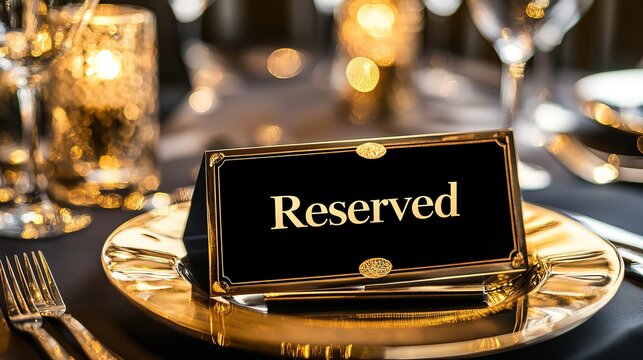 Small gold and black "Reserved" card text sign on a dinner on a table in luxury restaurant, Fine exclusive dining elegant space reservation, -8k image