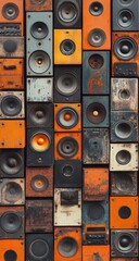 Obraz premium A wall of speakers in various sizes and styles, with orange and brown tones, arranged symmetrically.