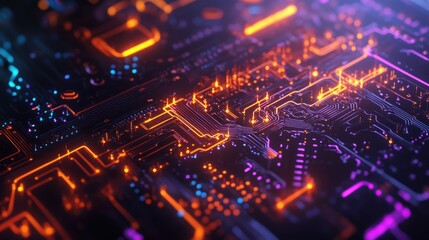 Fototapeta premium Glowing Circuit Board with Orange and Purple Lights