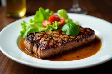 Perfectly grilled steak, fresh salad garnish, elegant white plate setting , summer, protein, culinary art