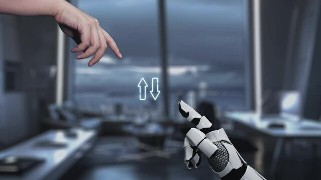 Visual representation of quality and cost metrics in a business context, featuring a robotic hand engaging with digital indicators in a modern office setting. Auvana
