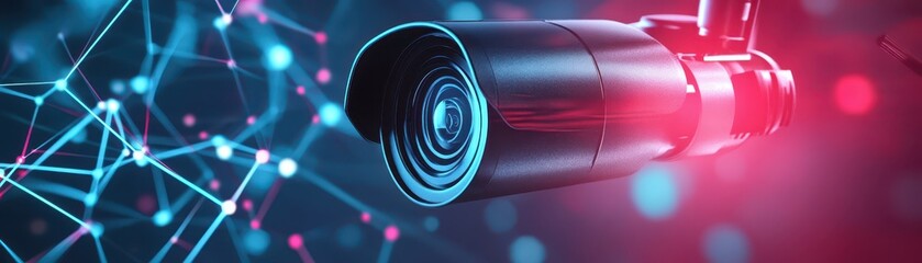 Surveillance AI detecting malware intrusions in a digital network, cyber defense concept