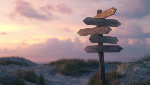 A wooden signpost with arrows pointing in different directions, set against an evening sky background. The scene conveys the idea of choice and freedom as one faces multiple diverging paths