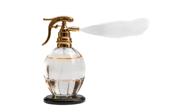 A transparent png of luxurious crystal perfume bottle with gold detailing sprays a fine mist. The elegant design and atomizer create a sophisticated feel.