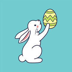 Easter character bunny, rabbit, hare holds painted egg, lifts it up. Vector flat design, outline illustration. Easter character icon, mascot, sticker. Greeting card, Happy Easter concept