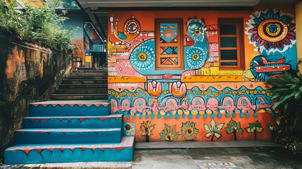 Fototapeta premium Thai street art mural, featuring a blend of modern and traditional artistic elements in a vibrant city setting 