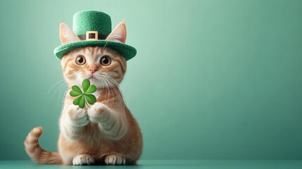 Adorable ginger cat wearing a leprechaun hat and holding a clover for st. patrick's day. Saint Patrick's Day, St Paddy's Day, St Patty's Day - Irish National Holiday and Cultural Celebration