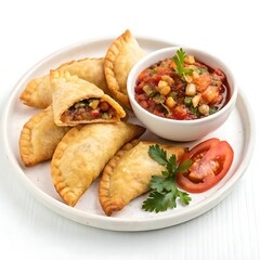 Empanadas with salsa isolated on white background