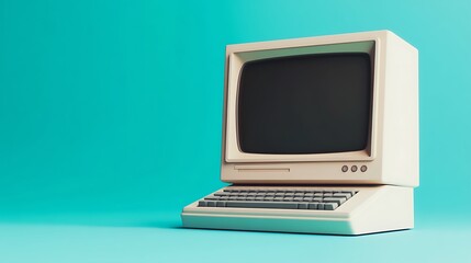 Retro Beige Computer on Turquoise Background