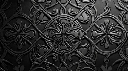 Intricate black floral pattern with symmetrical design on textured background