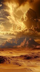Golden Desert Sunset with Majestic Mountains and Dramatic Clouds