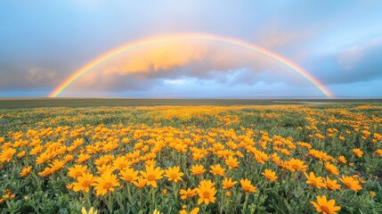 Field of yellow flowers beneath a vibrant full rainbow