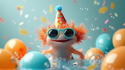 Smiling axolotl with party hat and sunglasses celebrates in bright confetti and balloons